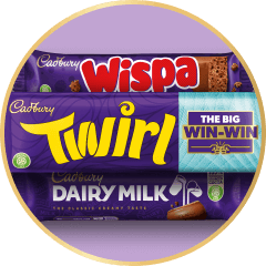 A Wispa, Twirl and Dairy Milk bar with The Big Win-Win promotion on the wrapper