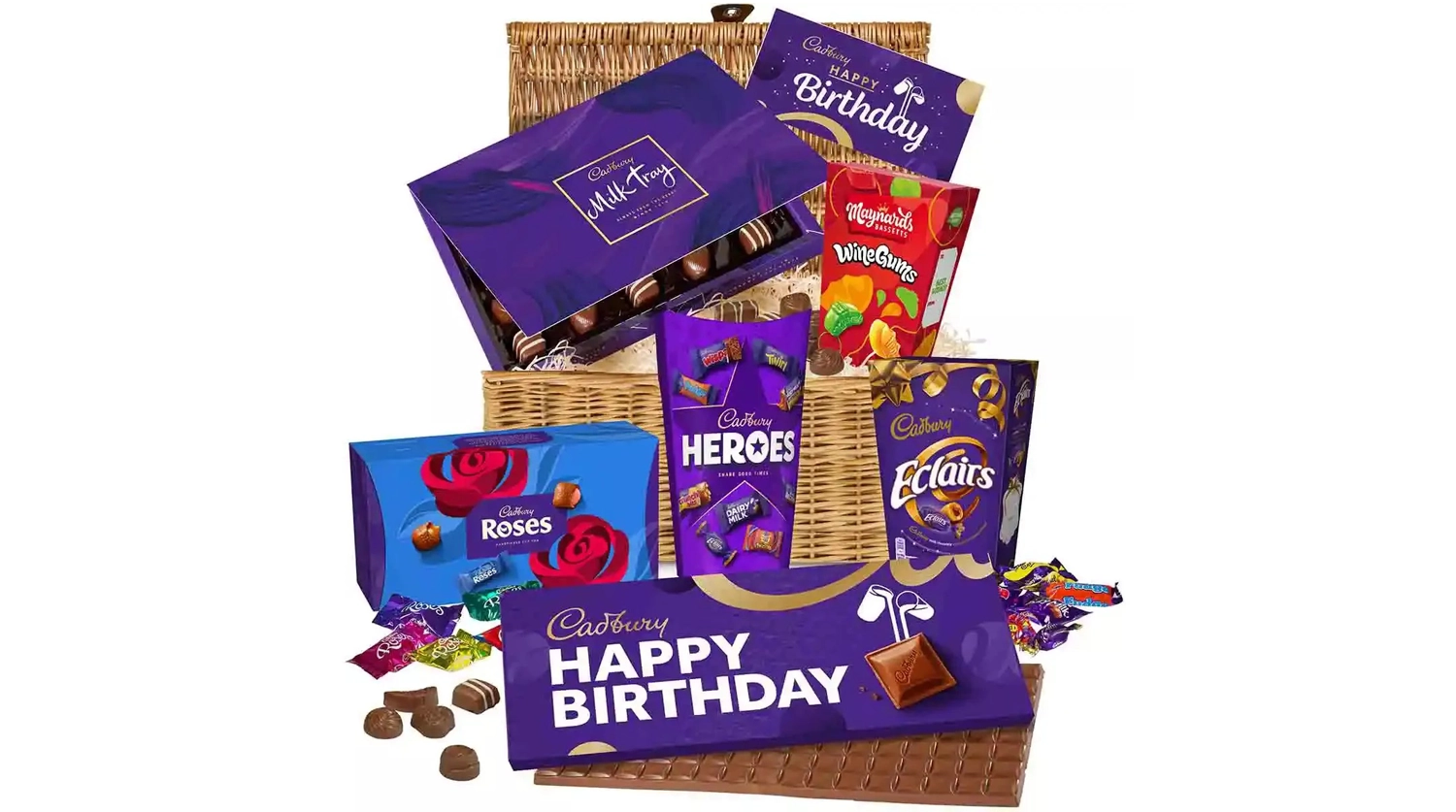 A Cadbury Happy Birthday box, Pack of Heroes and Dairy Milk bar with Happy 21st Birthday message